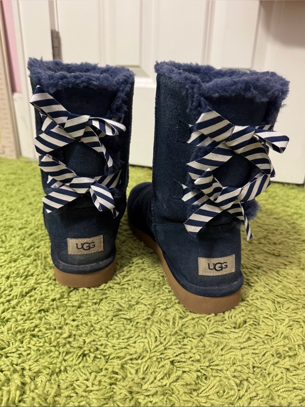 UGG Navy Suede Boots with Striped Ribbon Bows